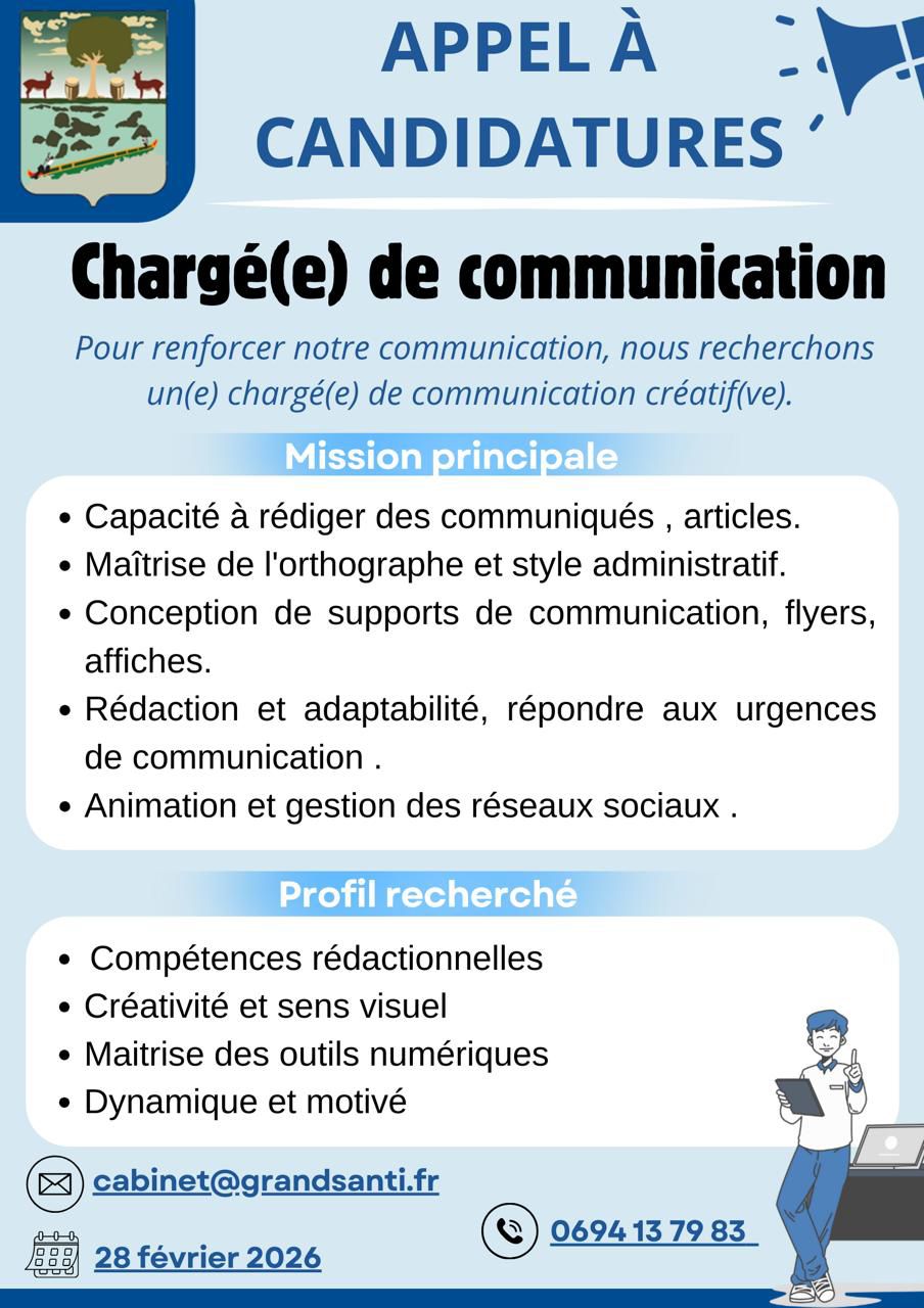 La mairie de Grand-Santi recrute un(e) chargé(e) de communication.